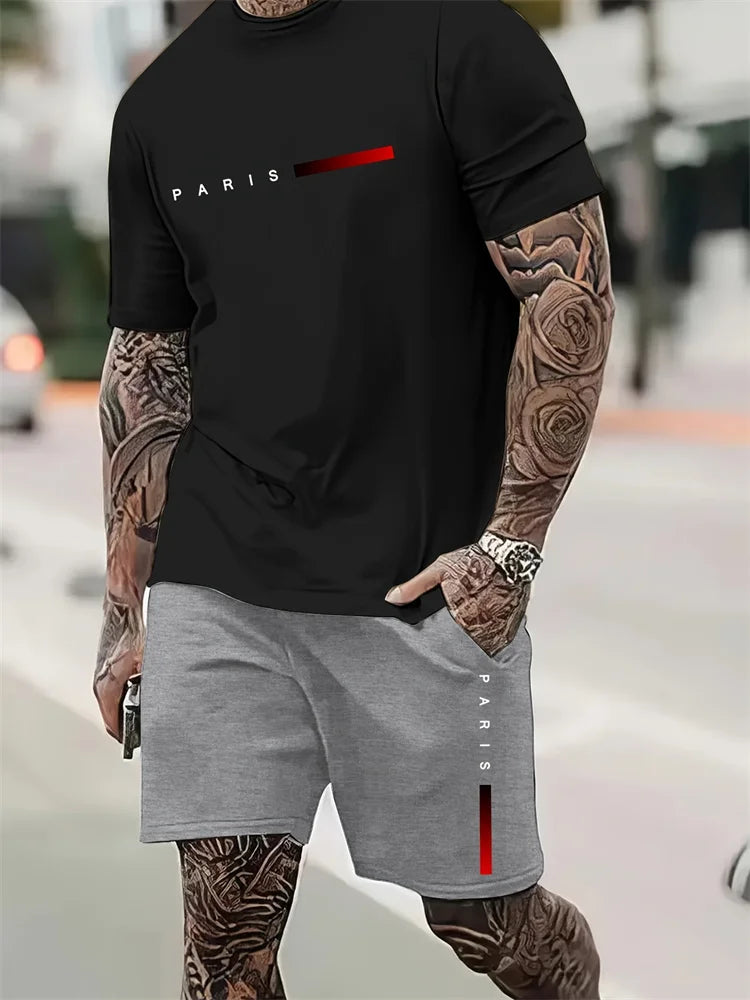 Men's 2025 Summer Letter Print Round Neck Short Sleeve Sports Set – Casual Outdoor Suit