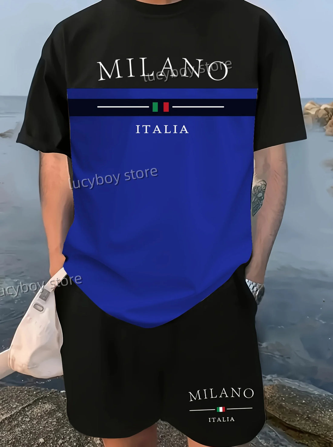 Milano Italia Men's Luxury Tracksuit – Printed Sport T-Shirt & Shorts 2-Piece Set