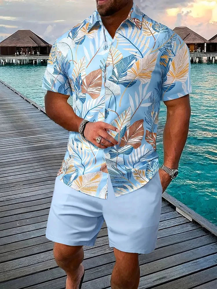 Men's Hawaii Baroque Print 2-Piece Set – Short Sleeve Lapel Shirt & Shorts Summer Vacation Suit