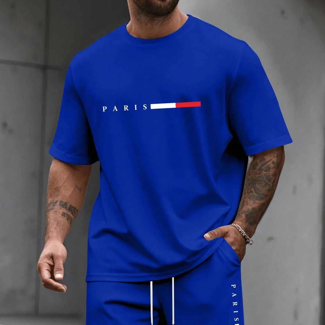 Men's Paris Letter Print 2-Piece Set – Round Neck Short Sleeve T-Shirt & Sport Shorts