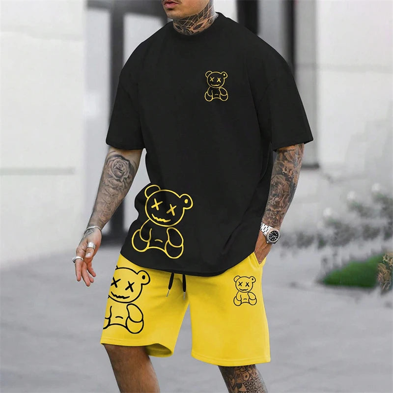 Men's Harajuku Bear Print Summer 2-Piece Set – Loose Short Sleeve T-Shirt & Shorts
