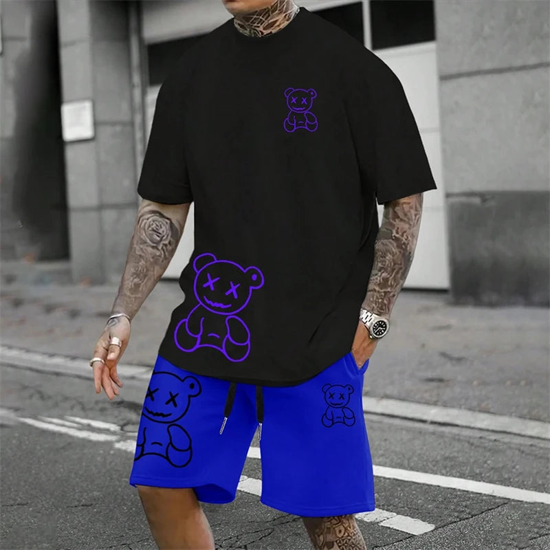 Men's Harajuku Bear Print Summer 2-Piece Set – Loose Short Sleeve T-Shirt & Shorts