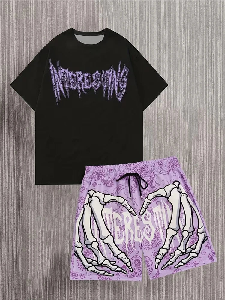 Men's 3D Skull Print Hip-Hop 2-Piece Set – Round Neck Top & Shorts | American Street Style
