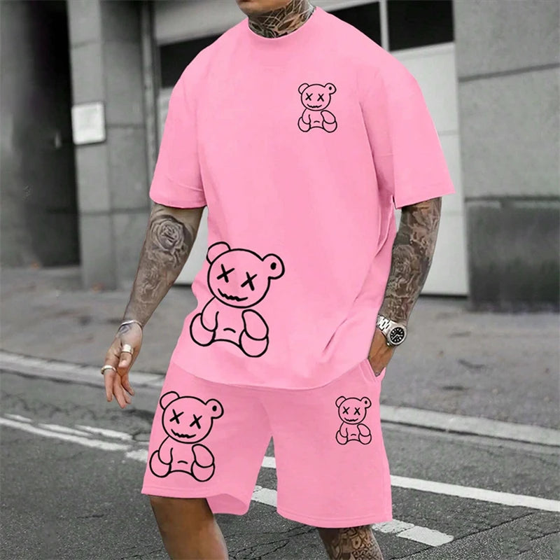 Men's Harajuku Bear Print Summer 2-Piece Set – Loose Short Sleeve T-Shirt & Shorts