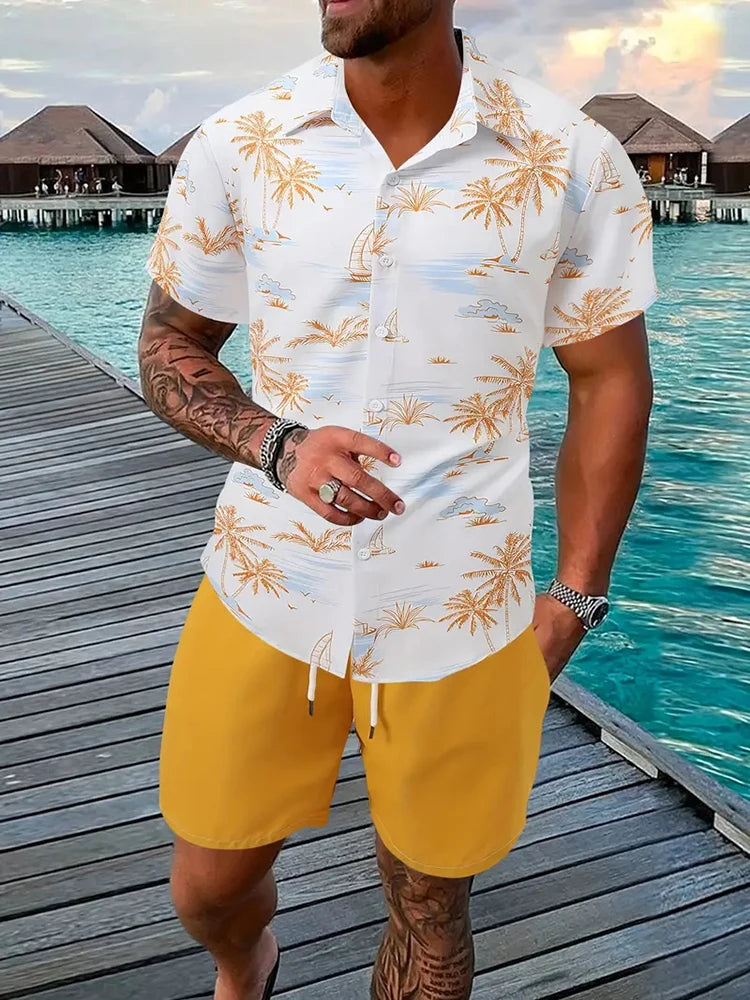 Men's Hawaii Baroque Print 2-Piece Set – Short Sleeve Lapel Shirt & Shorts Summer Vacation Suit