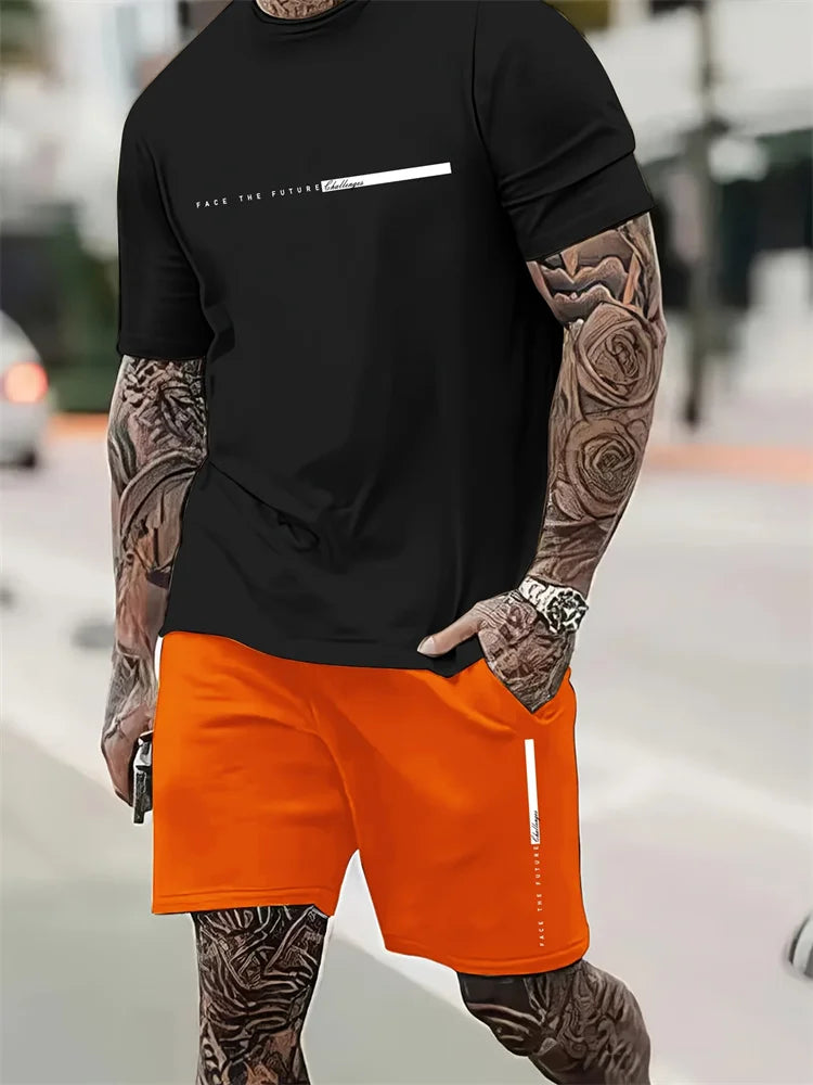 Men's 2025 Summer Letter Print Round Neck Short Sleeve Sports Set – Casual Outdoor Suit