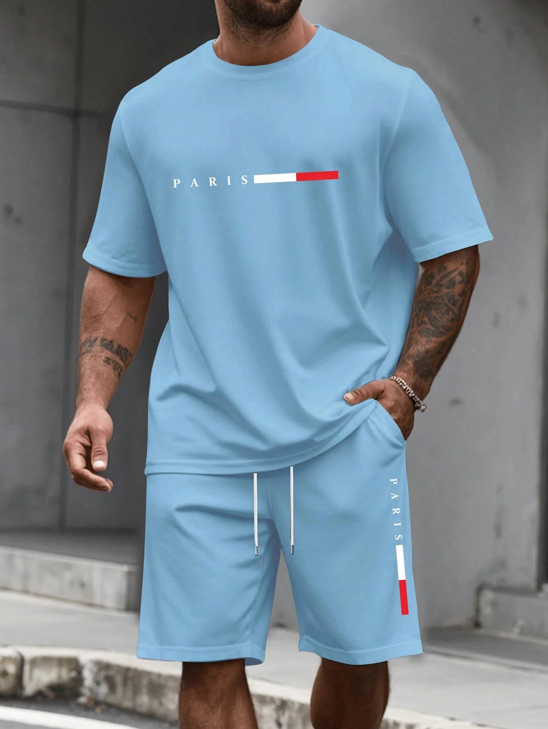 Men's Paris Letter Print 2-Piece Set – Round Neck Short Sleeve T-Shirt & Sport Shorts