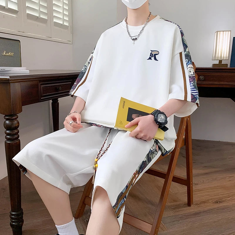 Men's Korean Style Summer Sportswear Set – Short Sleeve T-Shirt & Sports Shorts Casual Outfit