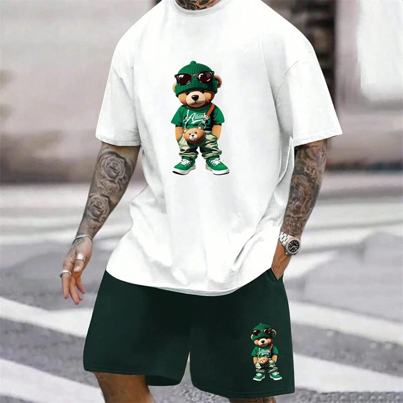 Men's Harajuku Bear Print Summer 2-Piece Set – Loose Short Sleeve T-Shirt & Shorts