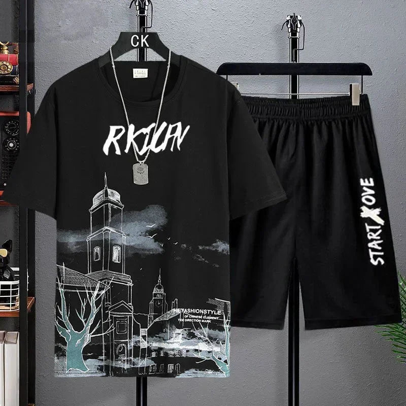 Men's 2025 Summer Printed Sports Basketball Set – Polyester Short Sleeve T-Shirt & Shorts