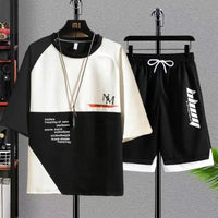Men's Plus Size 7XL Summer Patchwork Tracksuit – Streetwear T-Shirt & Jogger Shorts 2-Piece