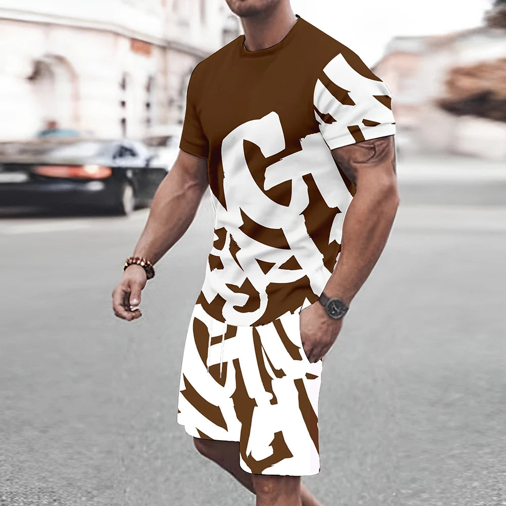 Men's Big Font Print Round Neck T-Shirt & Shorts Set – Breathable Casual Summer Outfit