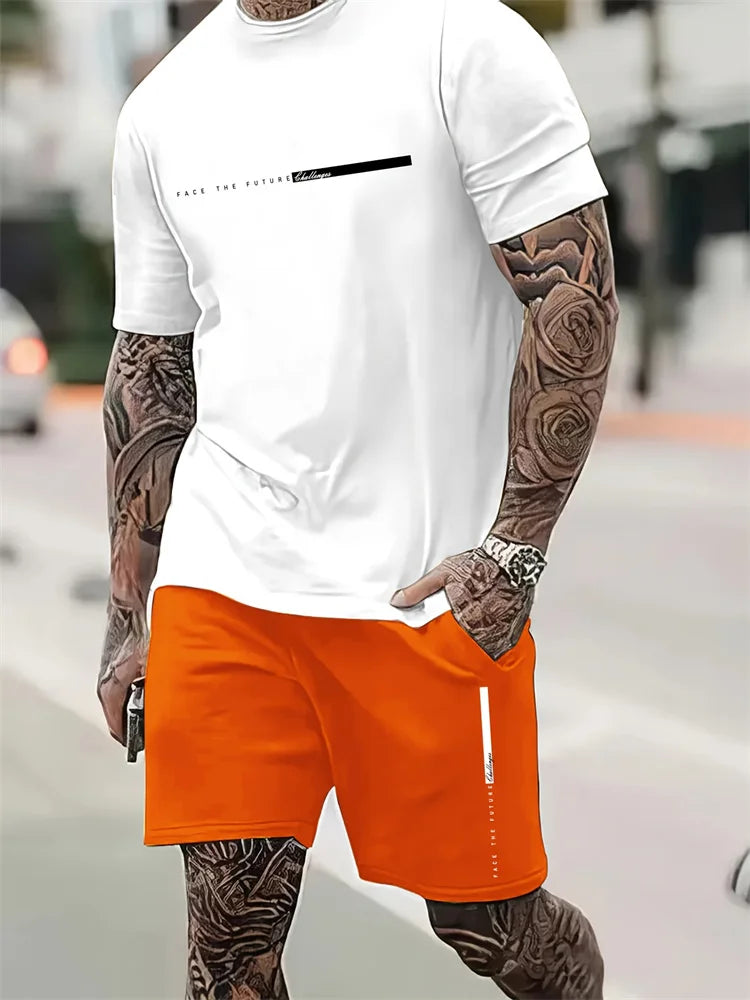 Men's 2025 Summer Letter Print Round Neck Short Sleeve Sports Set – Casual Outdoor Suit