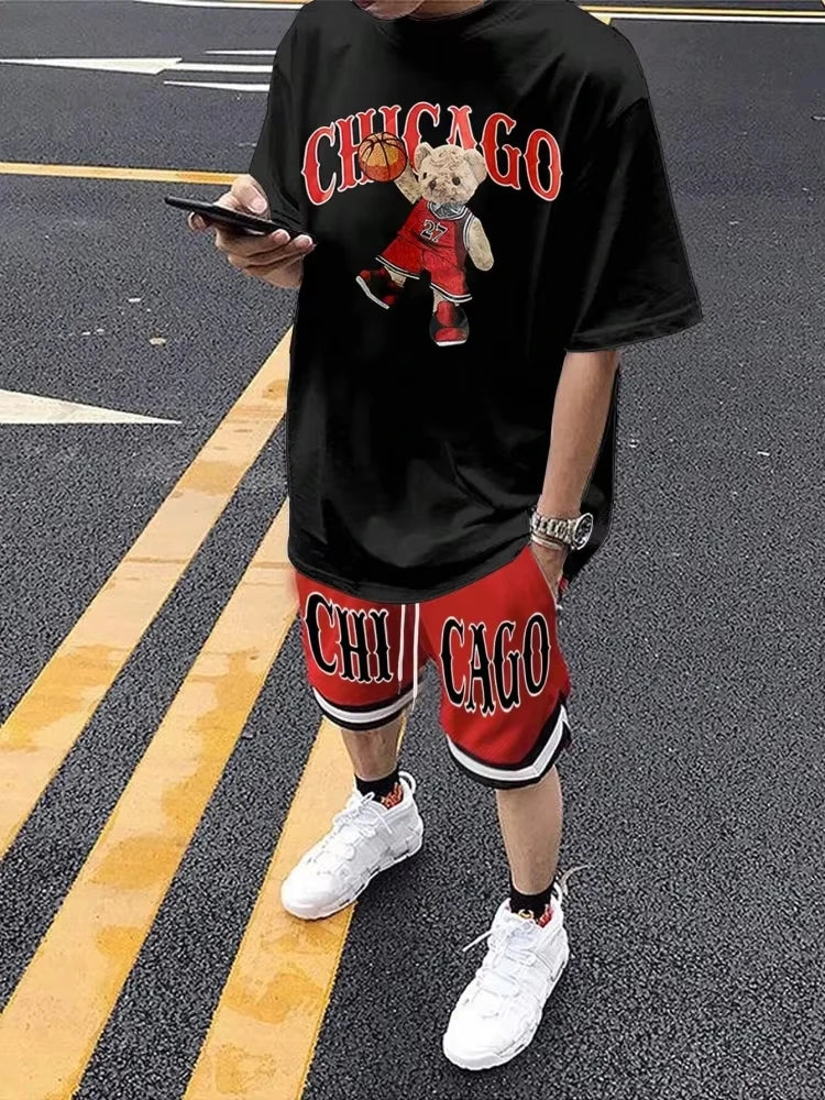 Men's Cartoon Bear 3D Print Short Sleeve Set – Streetwear T-Shirt & Drawstring Shorts