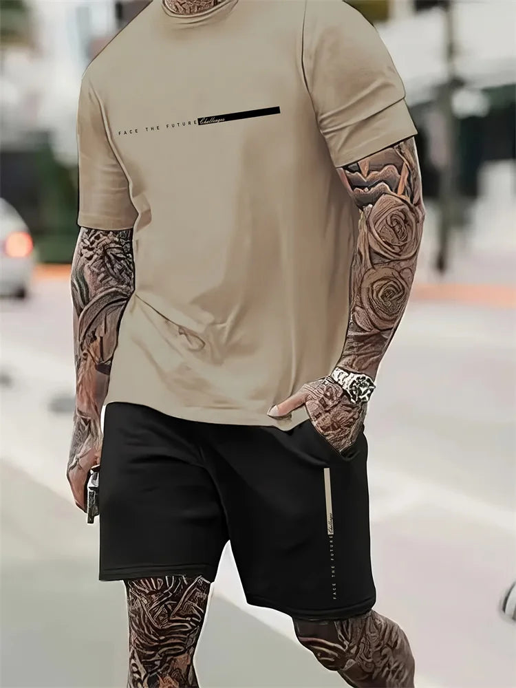 Men's 2025 Summer Letter Print Round Neck Short Sleeve Sports Set – Casual Outdoor Suit