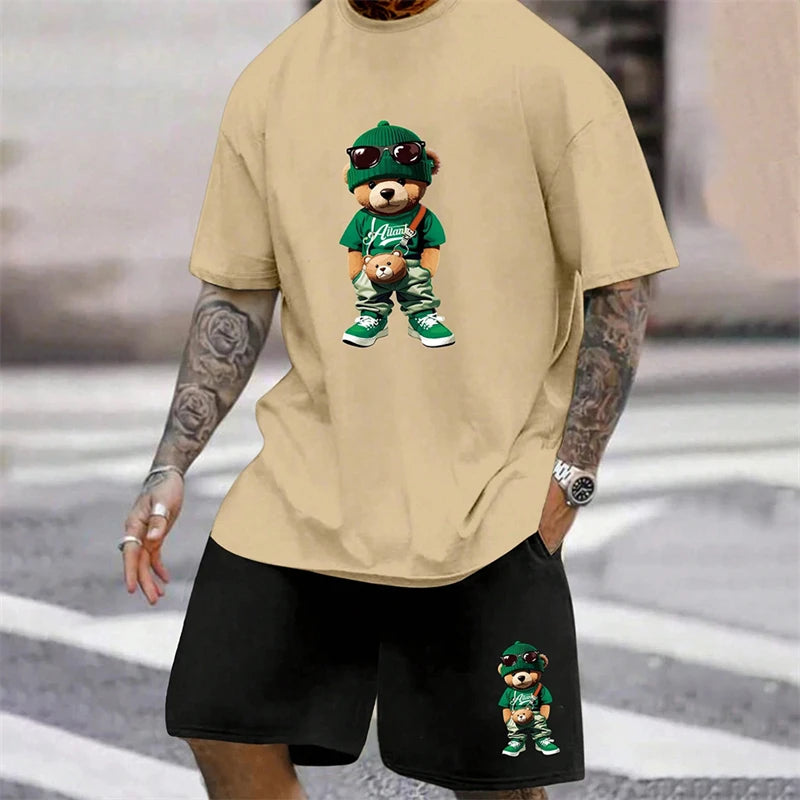 Men's Harajuku Bear Print Summer 2-Piece Set – Loose Short Sleeve T-Shirt & Shorts