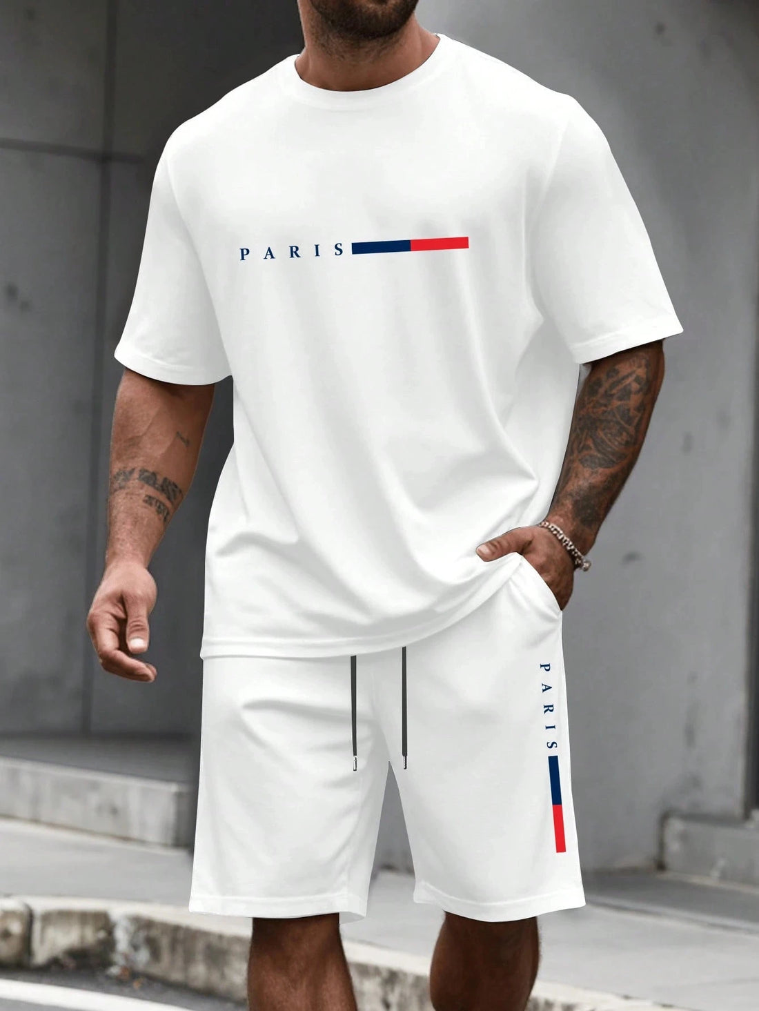 Men's Paris Letter Print 2-Piece Set – Round Neck Short Sleeve T-Shirt & Sport Shorts