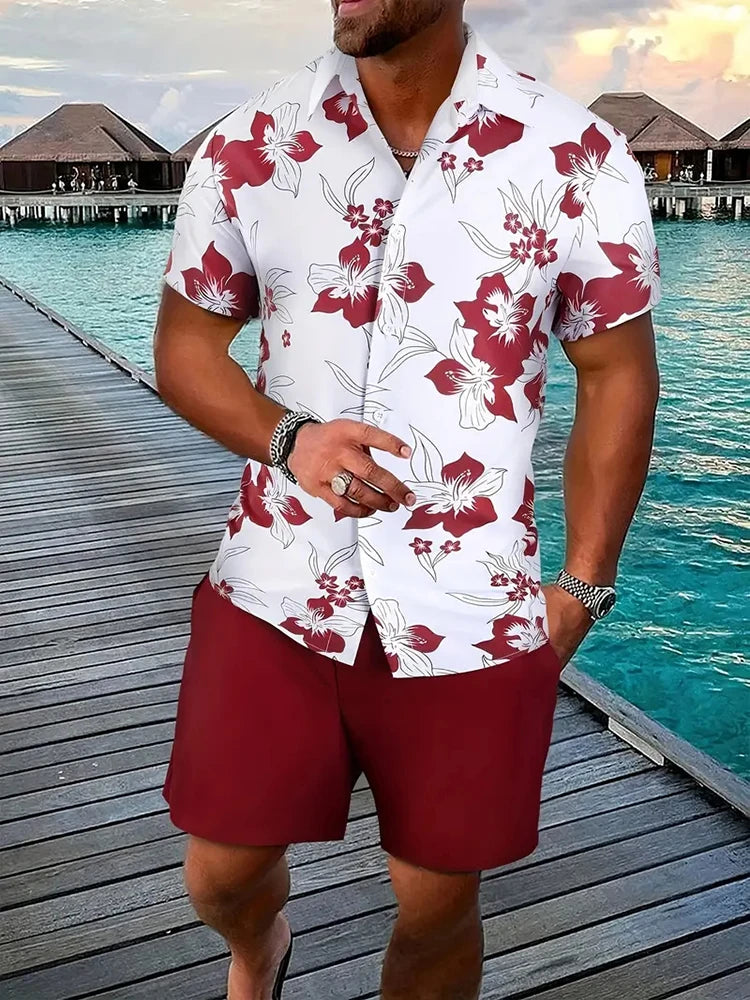 Men's Hawaii Baroque Print 2-Piece Set – Short Sleeve Lapel Shirt & Shorts Summer Vacation Suit