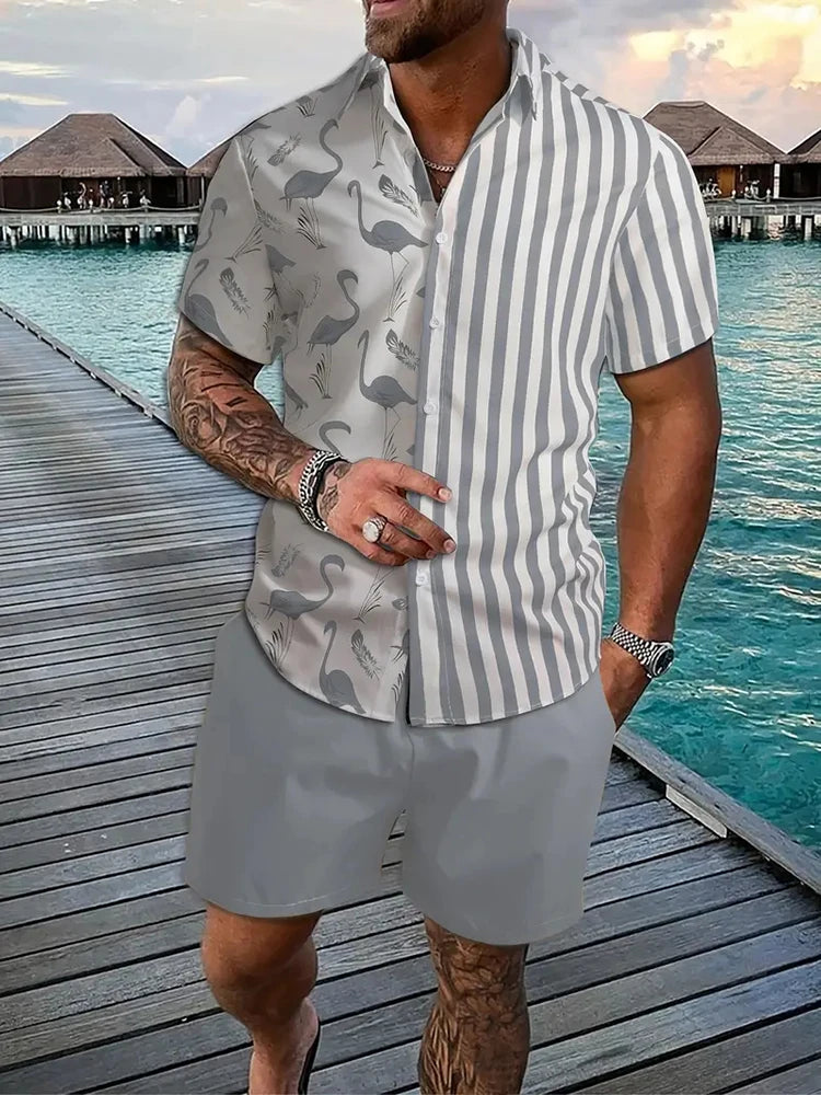 Men's Hawaii Baroque Print 2-Piece Set – Short Sleeve Lapel Shirt & Shorts Summer Vacation Suit