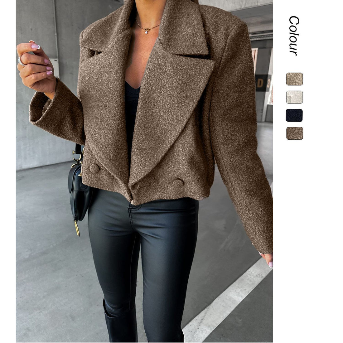 Trendy Woolen Cropped Oversized Coat With A Stand-up Collar In A Solid Color